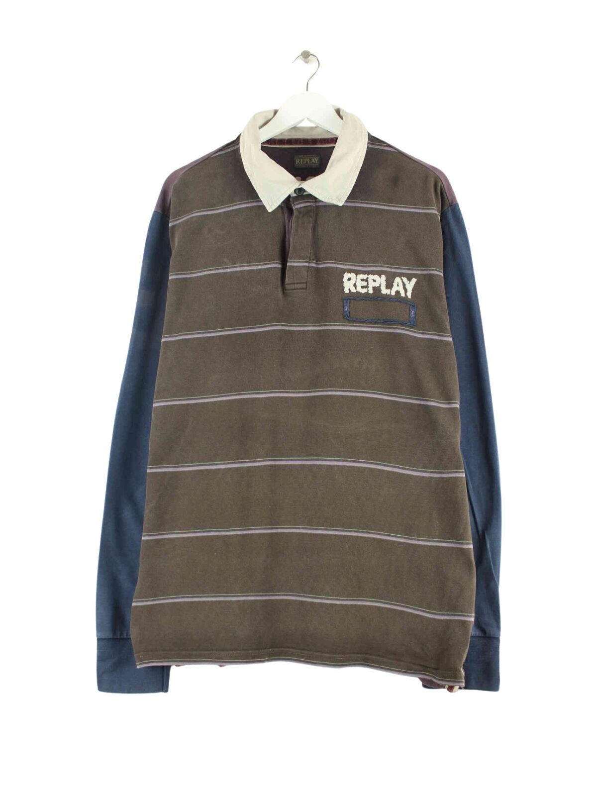 Replay 90s Vintage Embroidered Langarm Polo Blau XXL (front image)