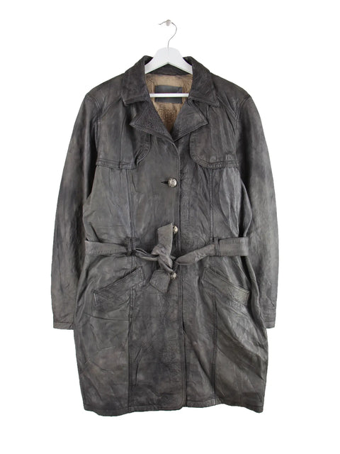 Vintage Damen 00s Leder Mantel Grau L