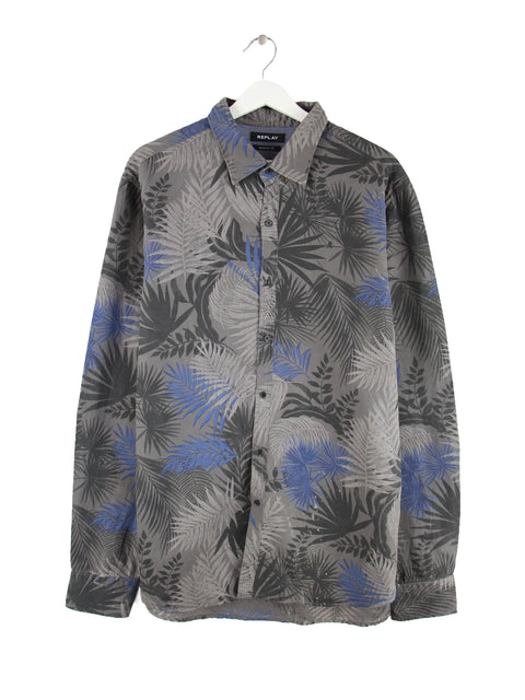 Replay Regular Fit Pattern Hemd Grau XL
