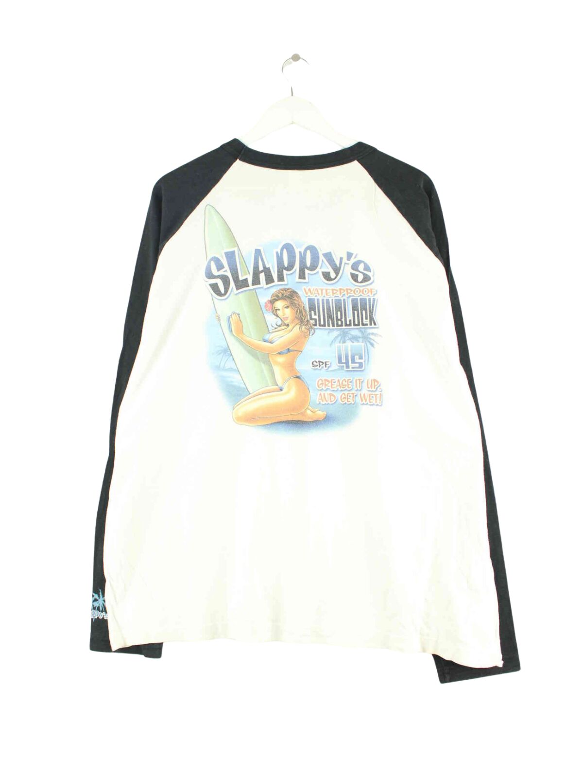 Vintage 00s Sunblock Surfing Print Sweatshirt Weiß XL (back image)