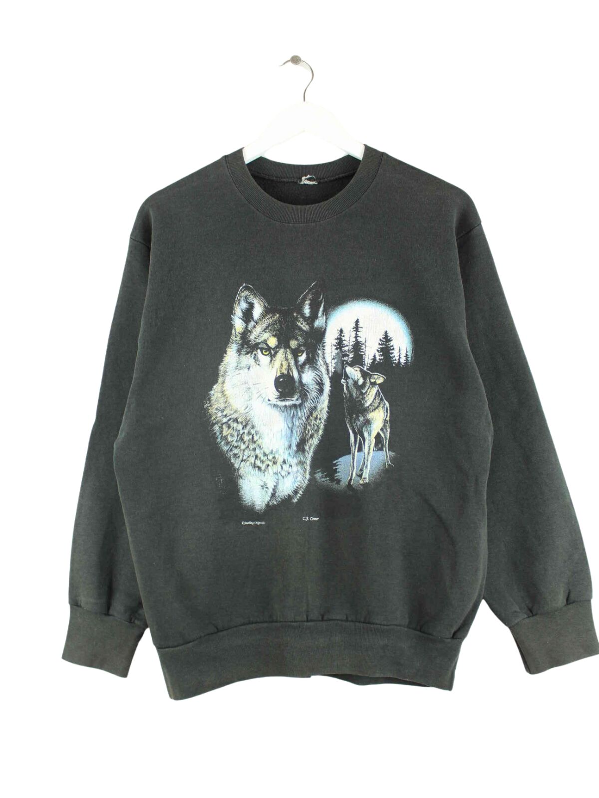 Vintage 90s Wolfs Print Sweater Schwarz M (front image)