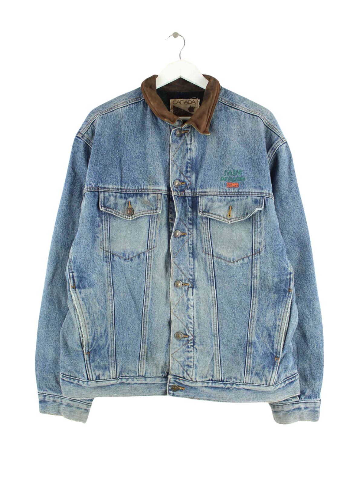 Vintage 90s Jade Drilling Embroidered Jeans Jacke Blau L (front image)