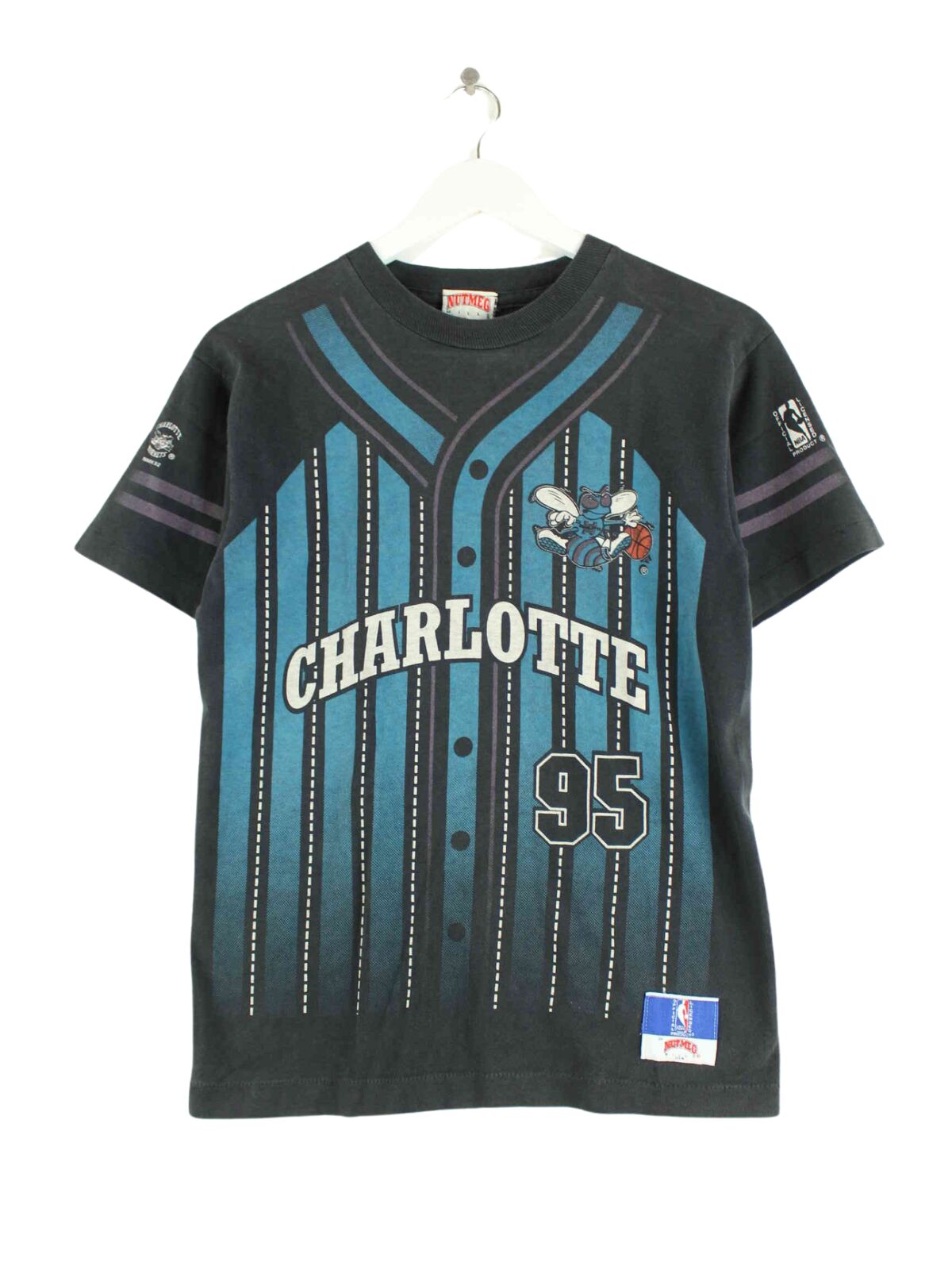 Nutmeg 90s Vintage Charlotte Hornets Print Single Stitch T-Shirt Schwarz XXS (front image)