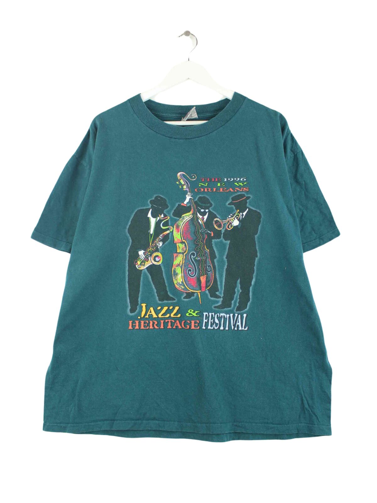 Oneita 1996 Vintage Jazz Print Single Stitched T-Shirt Grün XL (front image)