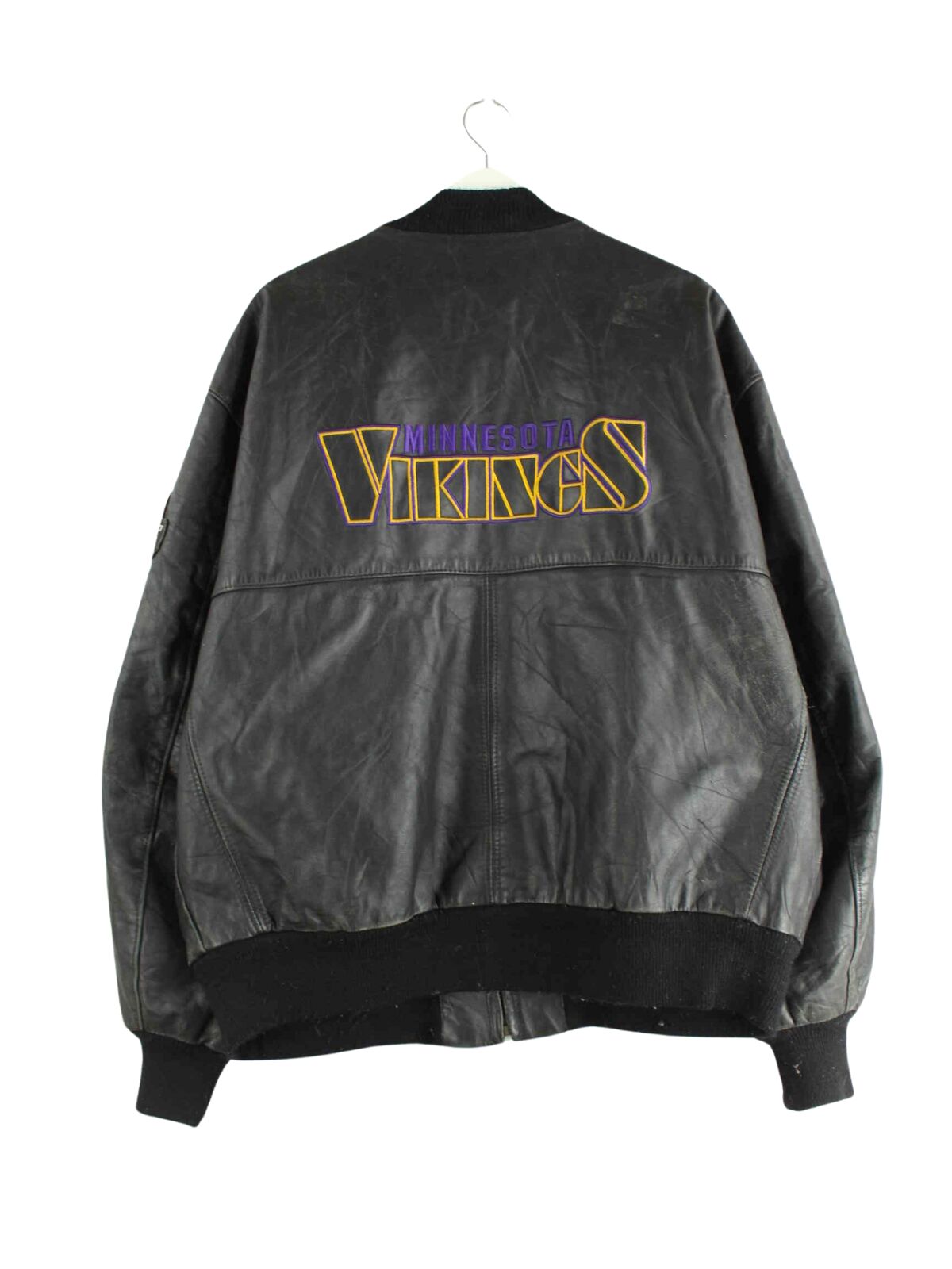 DeLONG 90s Vintage Minnesota Vikings Embroidered Leder Jacke Schwarz XL (back image)