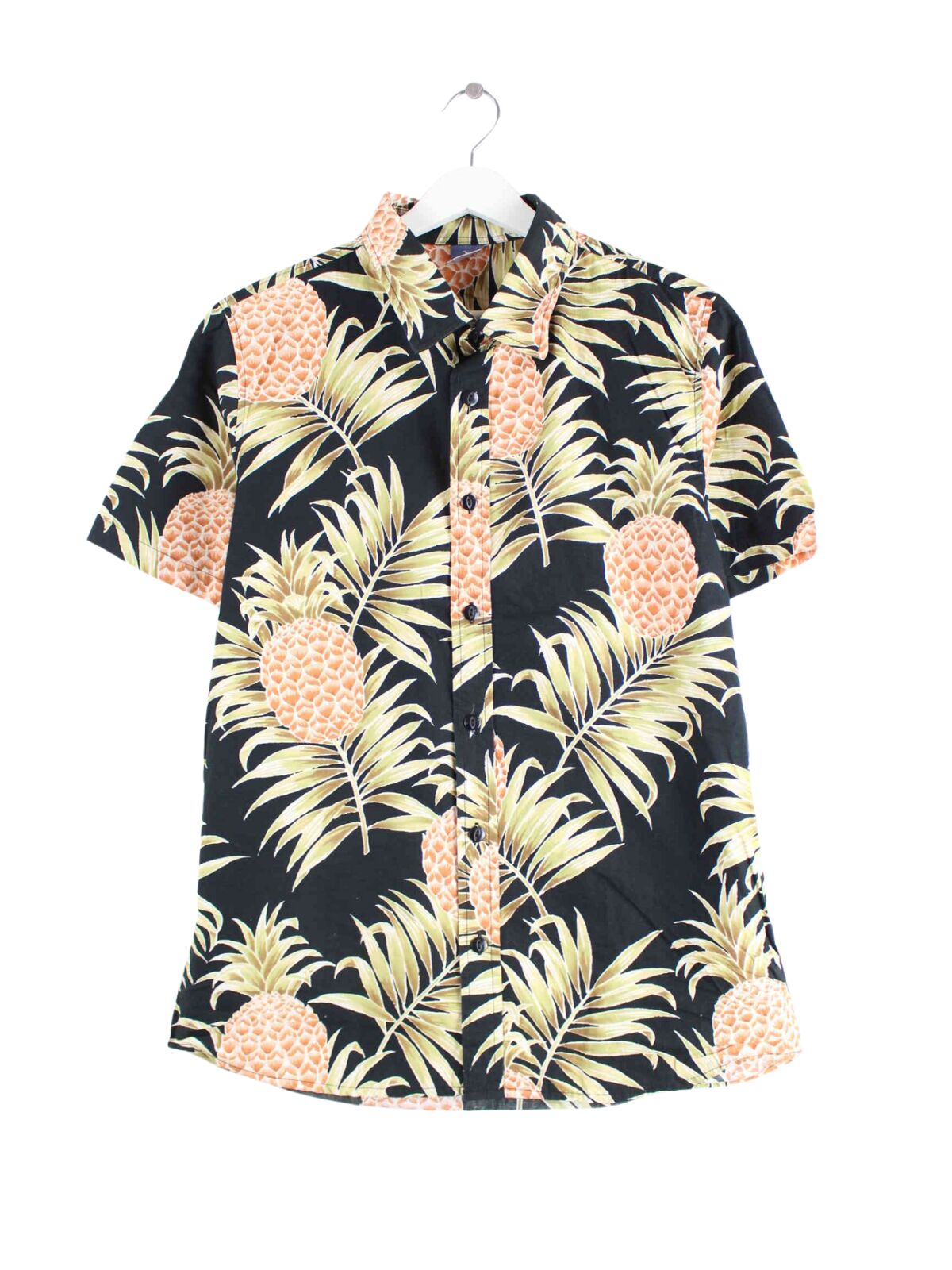 Vintage Hawaii Pineapple Pattern Kurzarm Hemd Schwarz S (front image)