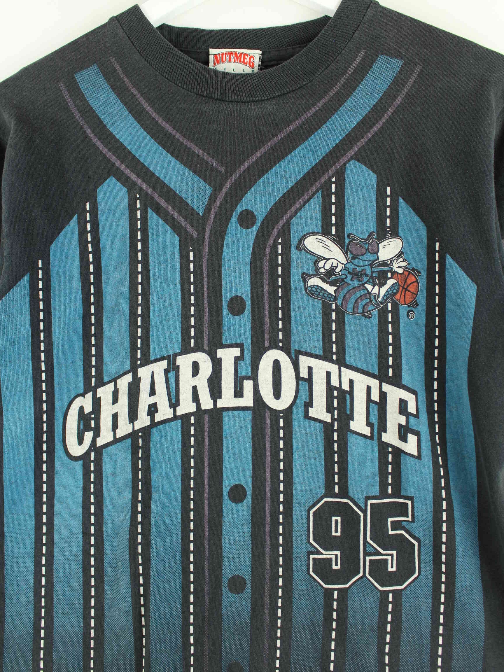 Nutmeg 90s Vintage Charlotte Hornets Print Single Stitch T-Shirt Schwarz XXS (detail image 1)