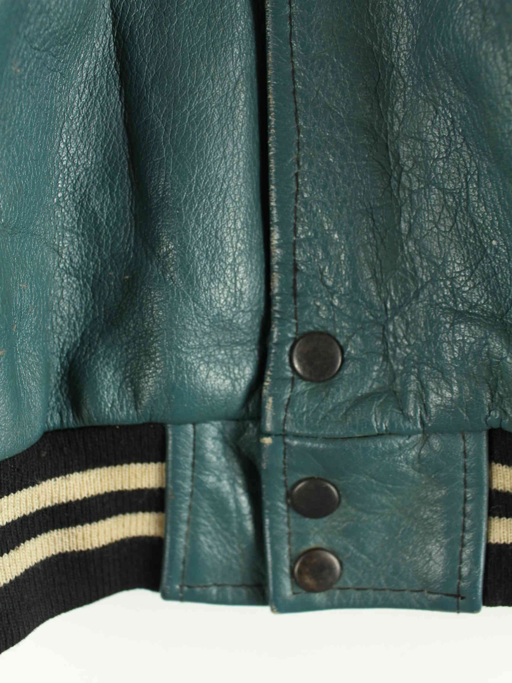 Vintage 80s Commando Baseball Embroidered Leder Jacke Grün L (detail image 3)