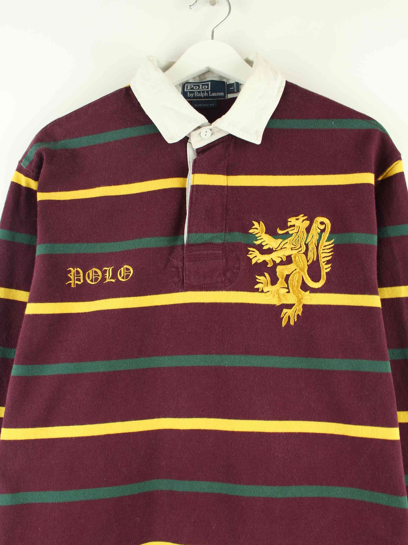 Ralph Lauren 90s Vintage Embroidered Striped Langarm Polo Rot L (detail image 1)