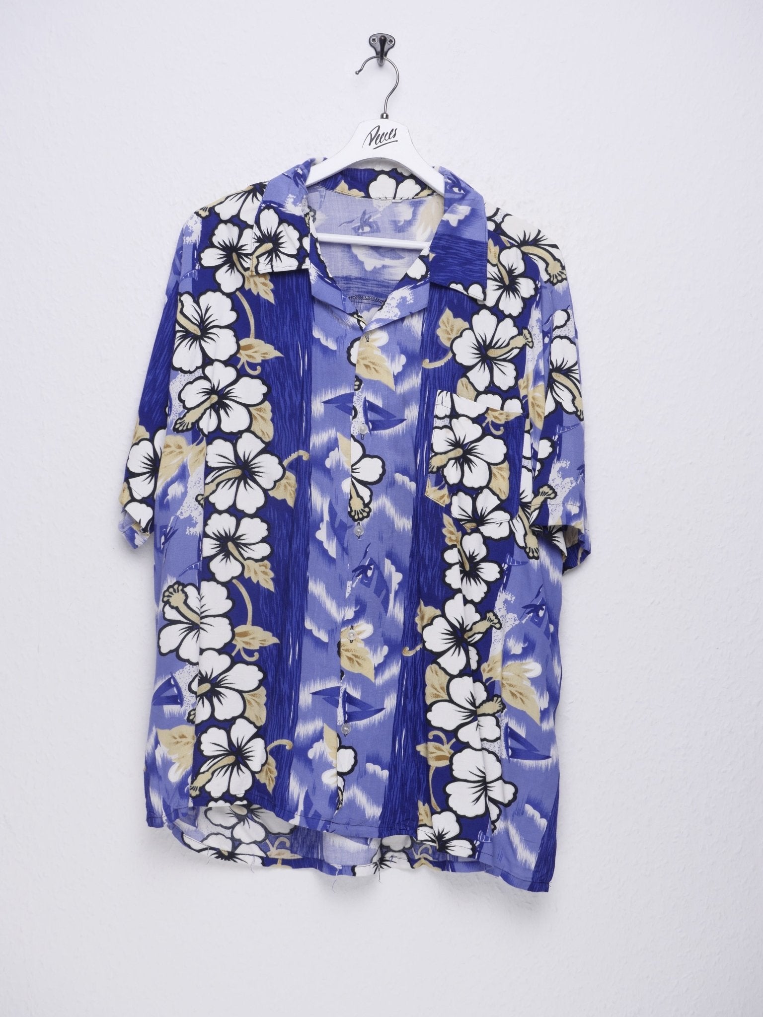 Hawaiian Flowers printed Pattern blue Kurzarm Hemd - Peeces